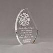 Angle view of 7" Aspect™ Crescent Acrylic Award featuring laser engraved fire logo and text.