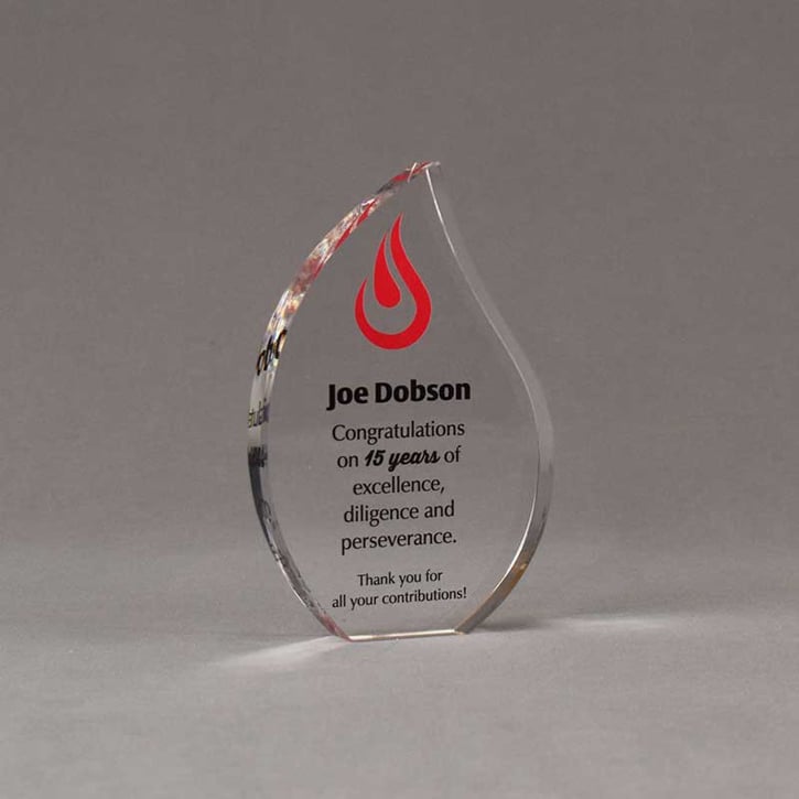 Angle view of 6" Aspect™ Flame™ Acrylic Award featuring full color flame logo and black printed text.