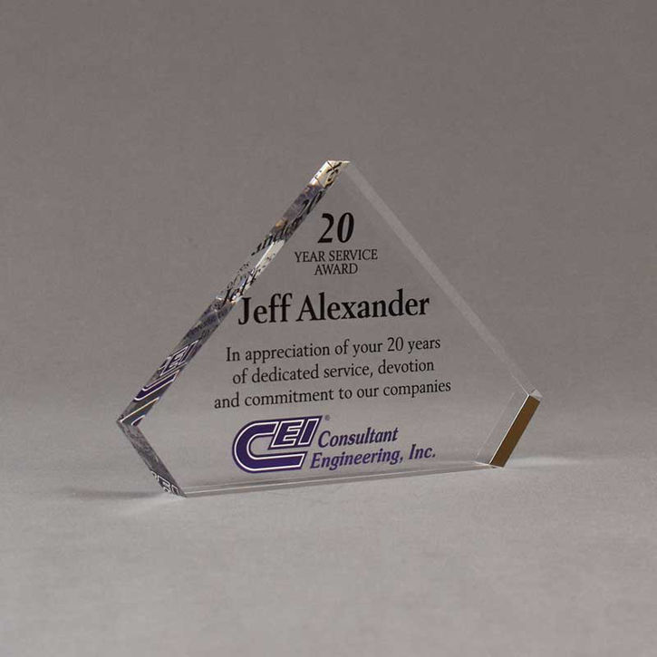 Angle view of 5" Aspect™ Flat Peak™ Acrylic Award featuring full color printed CEI logo and 20 year service award text.