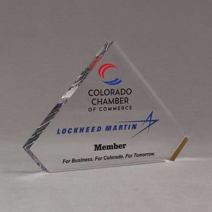 Angle view of 6" Aspect™ Flat Peak™ Acrylic Award featuring Colorado Chamber of Commerce logo and printed member text.