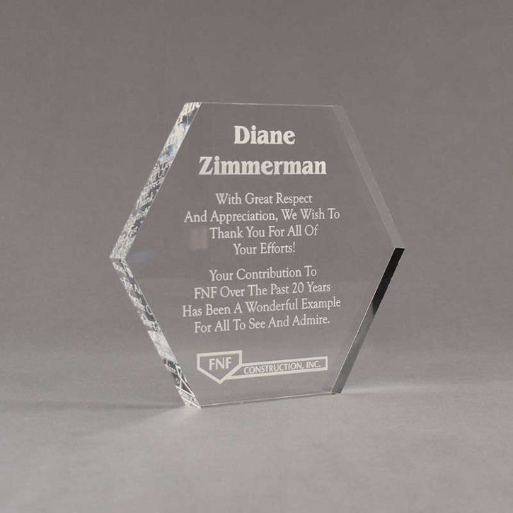 Angle view of 6" Aspect™ Hexagon™ Acrylic Award featuring laser engraved FNF logo and appreciation award text.