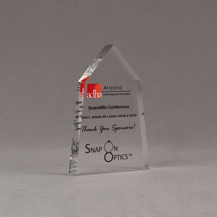 Angle view of Aspect™ 6" Obelisk™ Acrylic Award featuring ADHA logo printed in full color with thank you for sponsorship text.