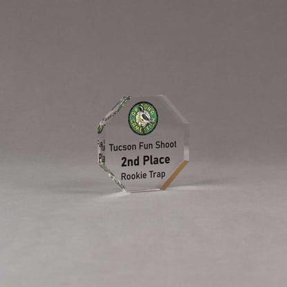 Angle view of Aspect™ 3" Octagon™ Acrylic Award featuring Arizona Game and Fish logo printed in full color with 2nd Place text.