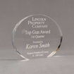 Angle view of Aspect™ 6" Oval™ Acrylic Award featuring laser engraved Lincoln Property Company logo and Top Gun Award text.