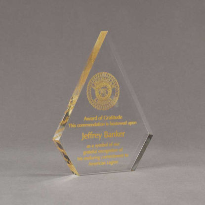 Angle view of Aspect™ 7" Peak™ Acrylic Award featuring printed American Legion logo and Award of Gratitude text.