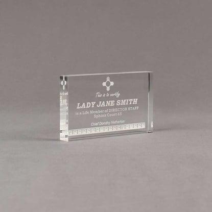 Angle view of Aspect™ 5" Rectangle™ Acrylic Award featuring laser engraved Sphinx Court logo and Life Member text.