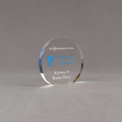 Angle view of Aspect™ 4" Round™ Acrylic Award featuring full color Philadelphia Section logo and Retirement Award text.