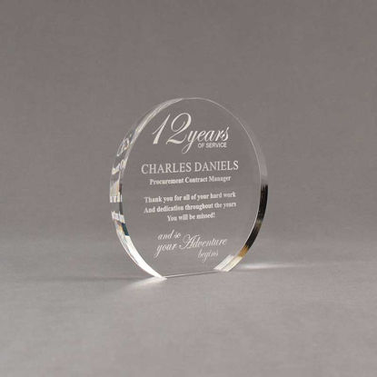 Angle view of Aspect™ 5" Round™ Acrylic Award featuring laser engraved 12 Years of Service logo and retirement text.