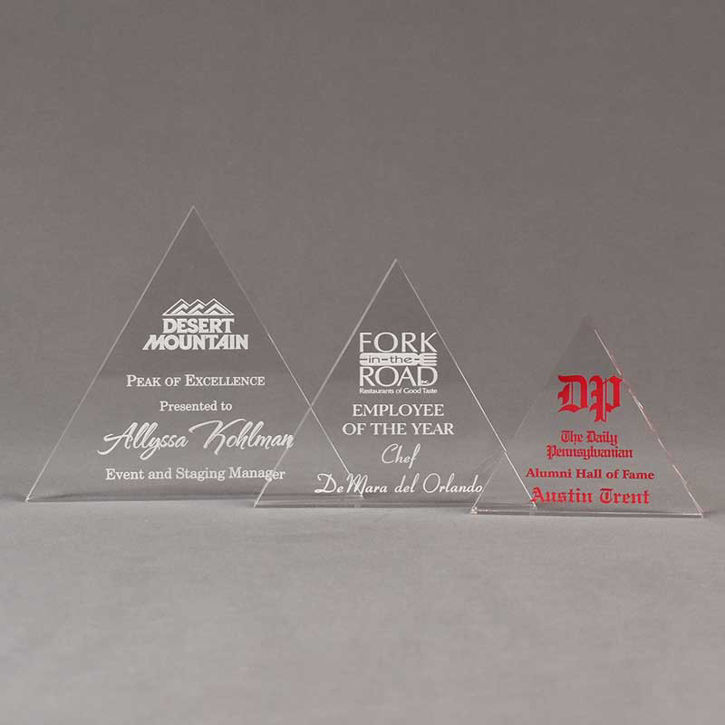 Aspect™ Triangle Acrylic Award Grouping showing all three sizes of acrylic trophies.