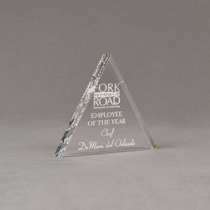 Angle view of Aspect™ 5" Triangle™ Acrylic Award featuring laser engraved Fork in the Road logo and Employee of the Year text.