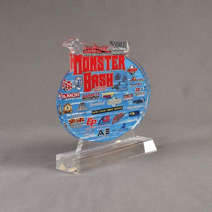 Angle view of 80 Square Inch Choice Series LaserCut™ Acrylic Award with custom shape of Monster Bash event logo and sponsors.