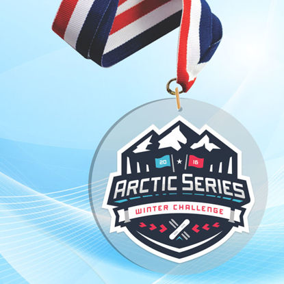 2" LaserCut Circle Acrylic Medal with UV printed Arctic Series event logo and red white and blue neck ribbon.