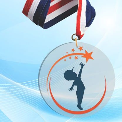 5" LaserCut Circle Acrylic Medal with UV printed Reaching for the Stars event logo and red white and blue neck ribbon.