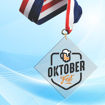 3" LaserCut Inverted Square Acrylic Medal with UV printed October Fest event logo and red white and blue neck ribbon.