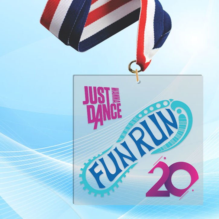 4" LaserCut Square Acrylic Medal with UV printed Just Dance Fun Run event logo and red white and blue neck ribbon.