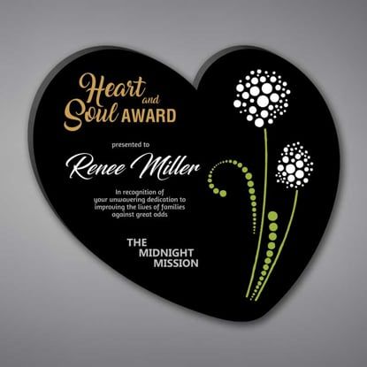 Heart Shaped Acrylic Plaque 12" made of black acrylic and printed with The Midnight Mission Logo