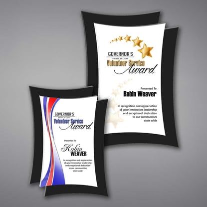 Two Concave Shaped Acrylic Plaque With Unique Floating Design with full color imprint of Governor's Services Award