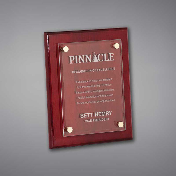 8" x 10" Rosewood Piano Finished Plaque with acrylic cover held gracefully over plaque board with aluminum standoffs.