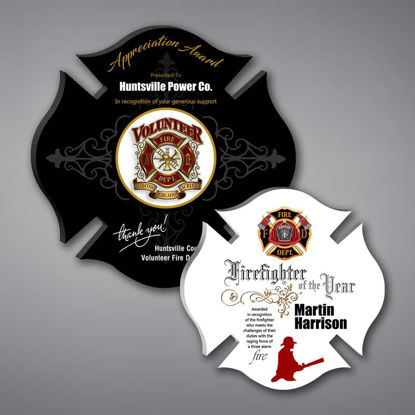 Two Maltese Cross Shaped Acrylic Plaques showing contrast between white background and black background choice.