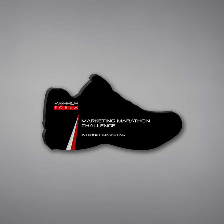 Shoe Shaped Acrylic Plaque 9" made of black acrylic and printed with Warrior Forum Marketing Marathon logo and text.