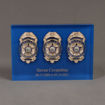 Front view of Lucite® Badge Embedment with two police and one marine supervisor service badges cast inside clear acrylic.