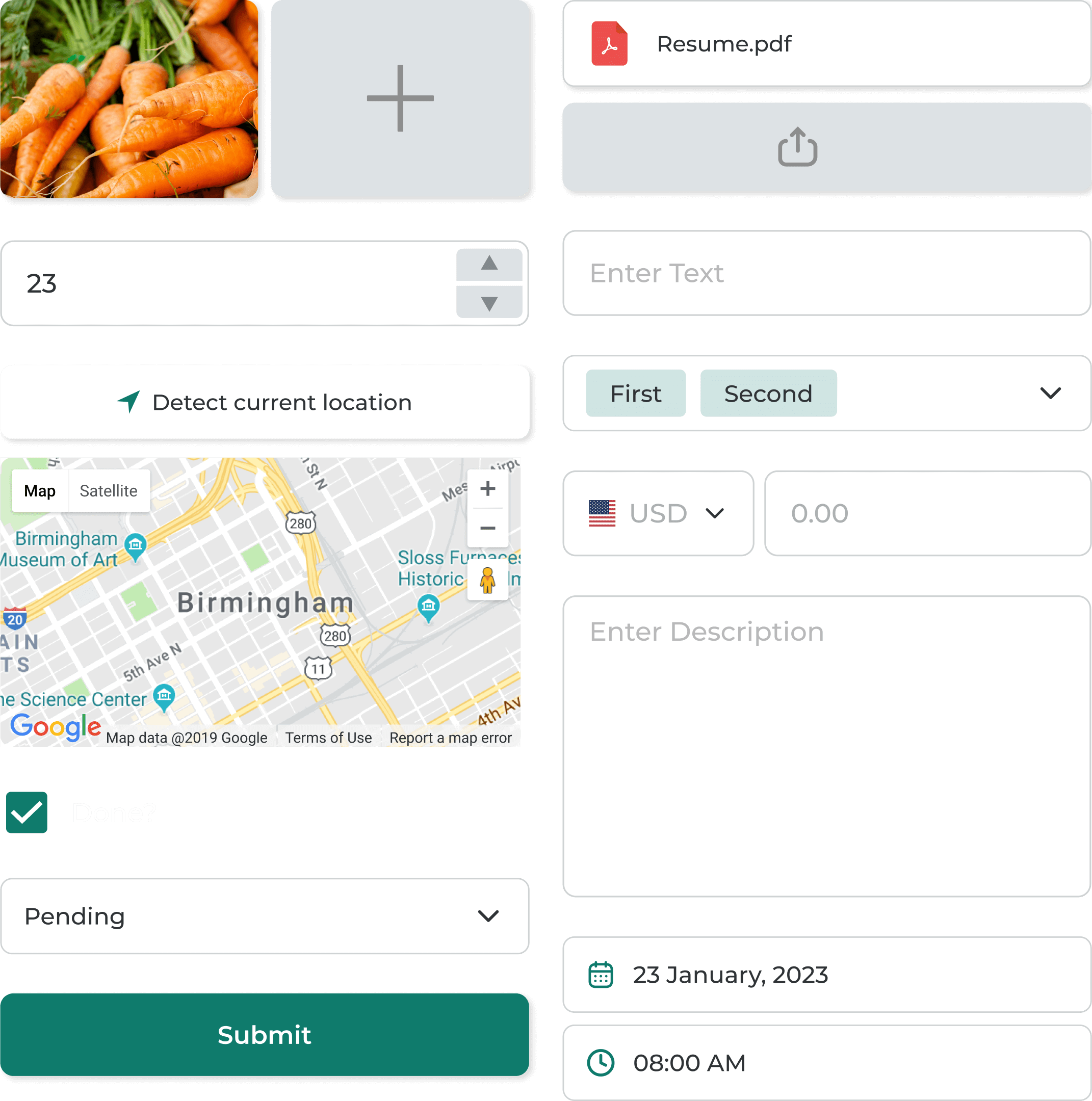 App UI with map and form