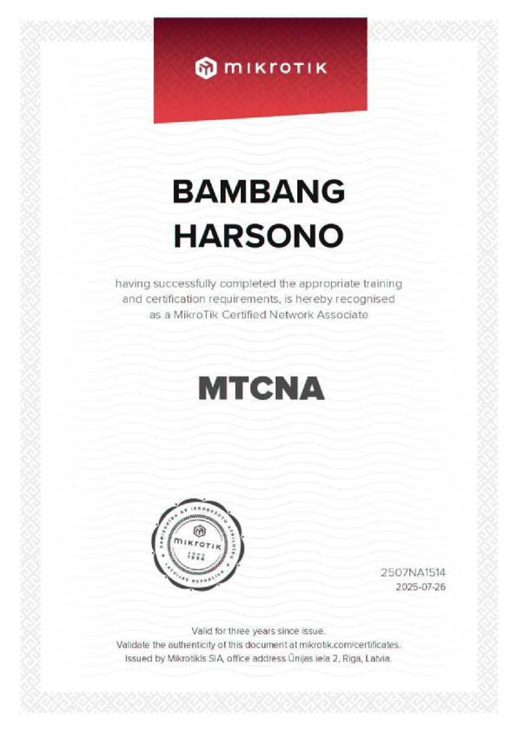 Bambang Harsono - Mikrotik Certified Network Associate