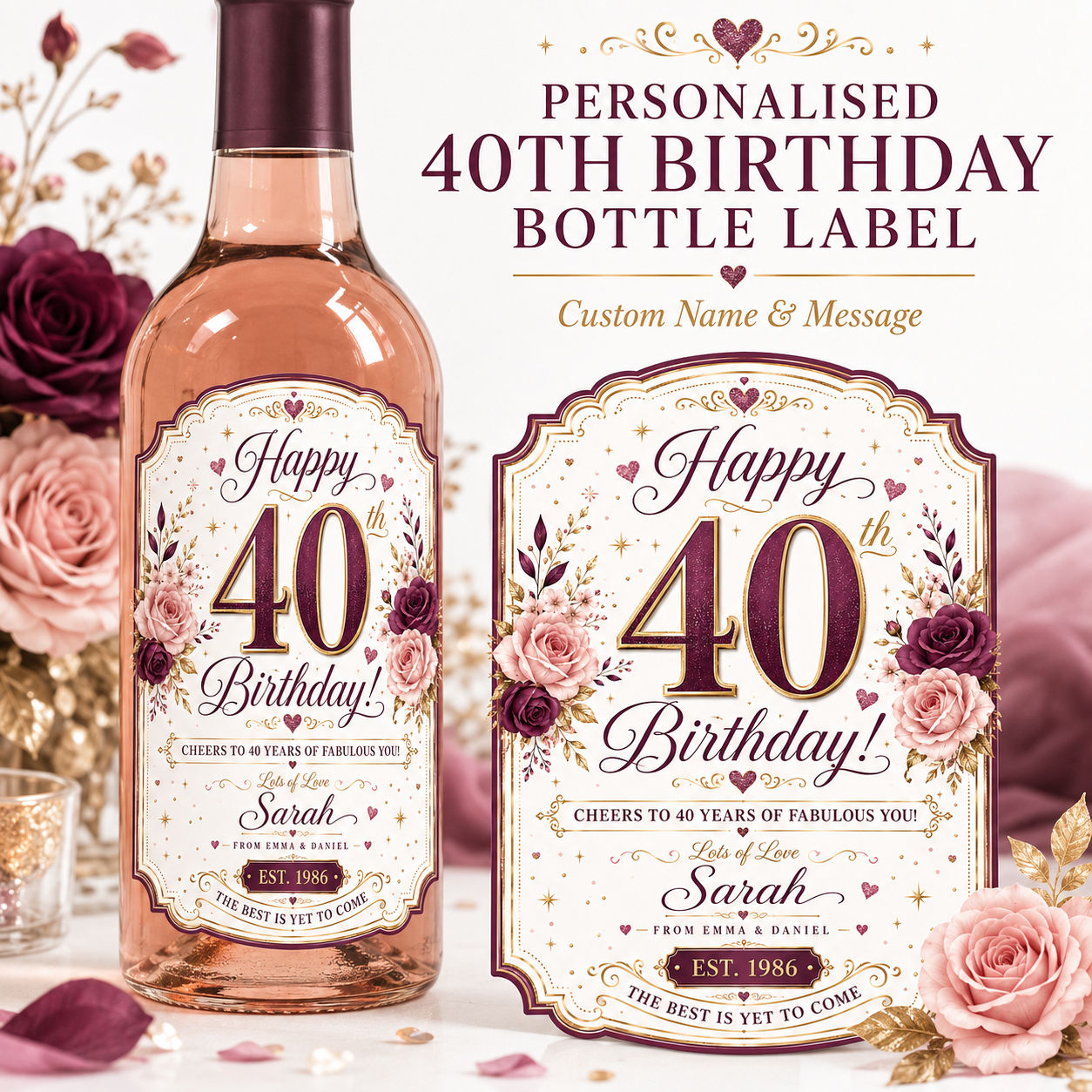 Personalised 40th Birthday Bottle Label Sticker Wine Gift Purple Gold