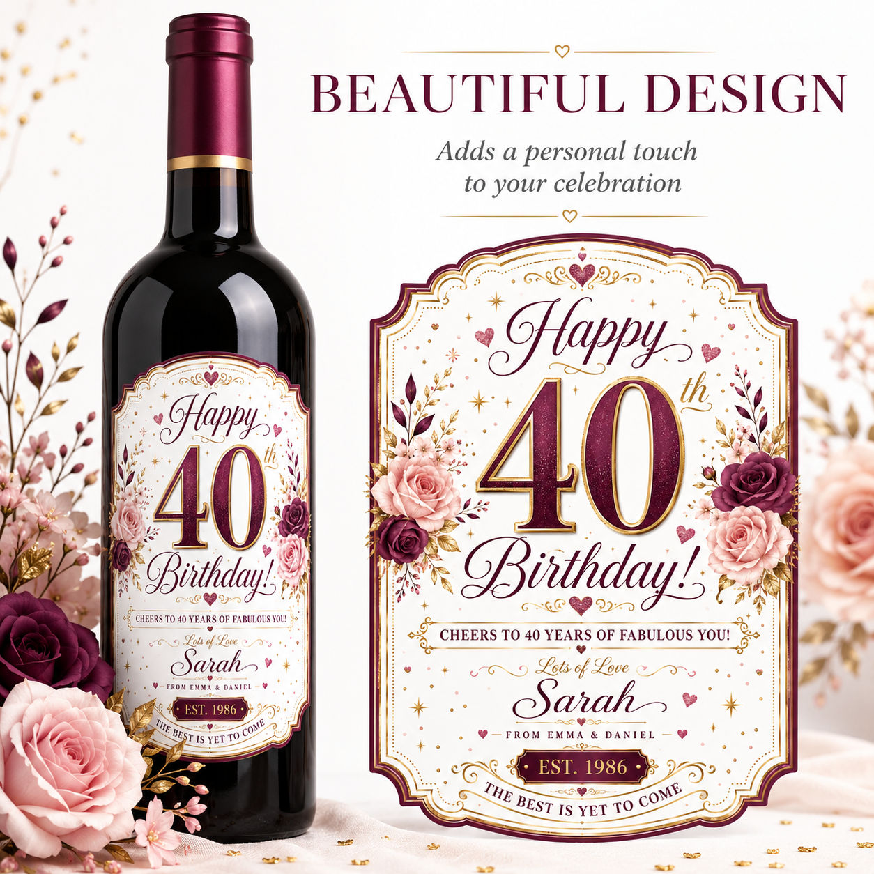 Personalised 40th Birthday Bottle Label Sticker Wine Gift Purple Gold product image view 2