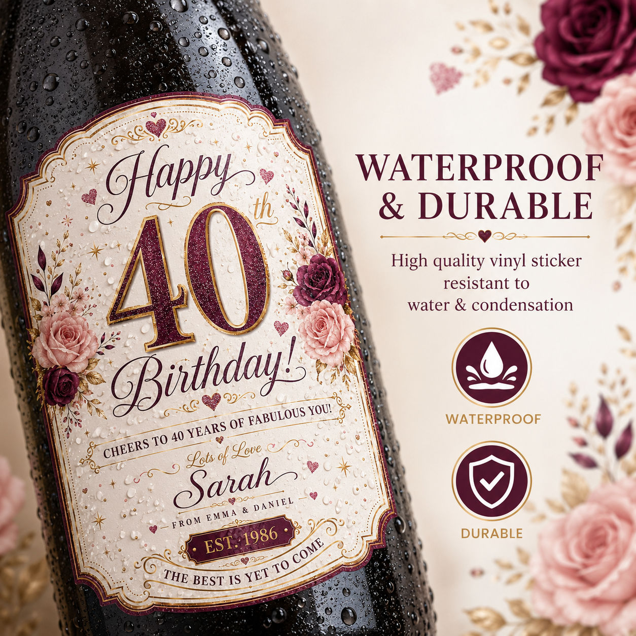 Personalised 40th Birthday Bottle Label Sticker Wine Gift Purple Gold product image view 3