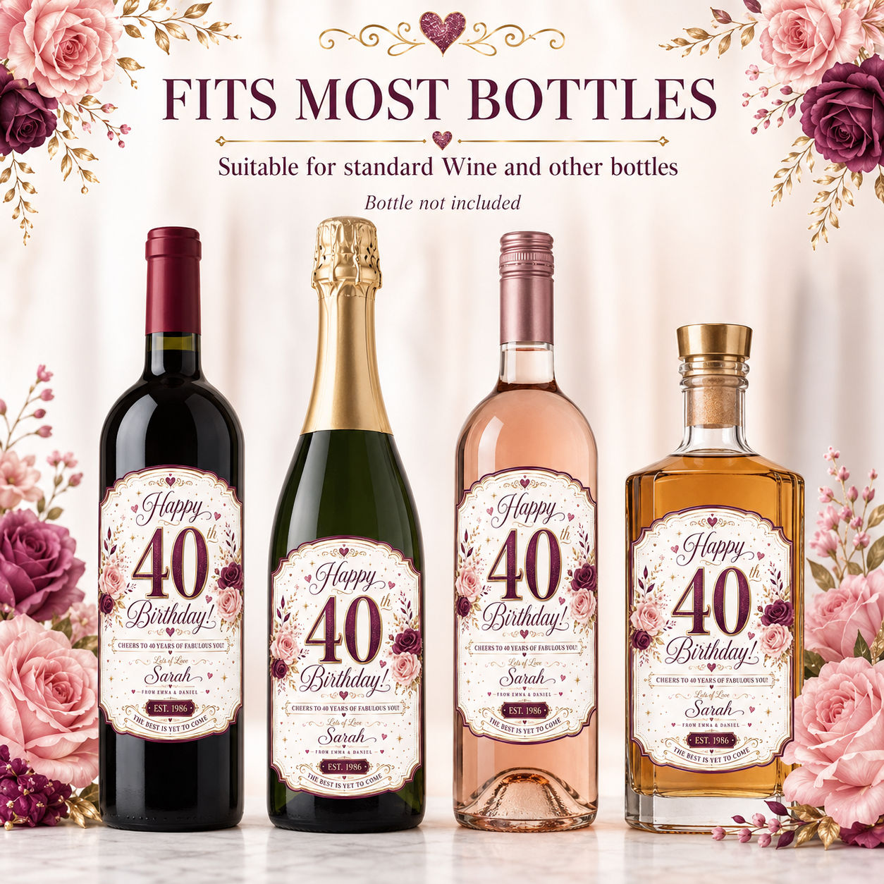 Personalised 40th Birthday Bottle Label Sticker Wine Gift Purple Gold product image view 4