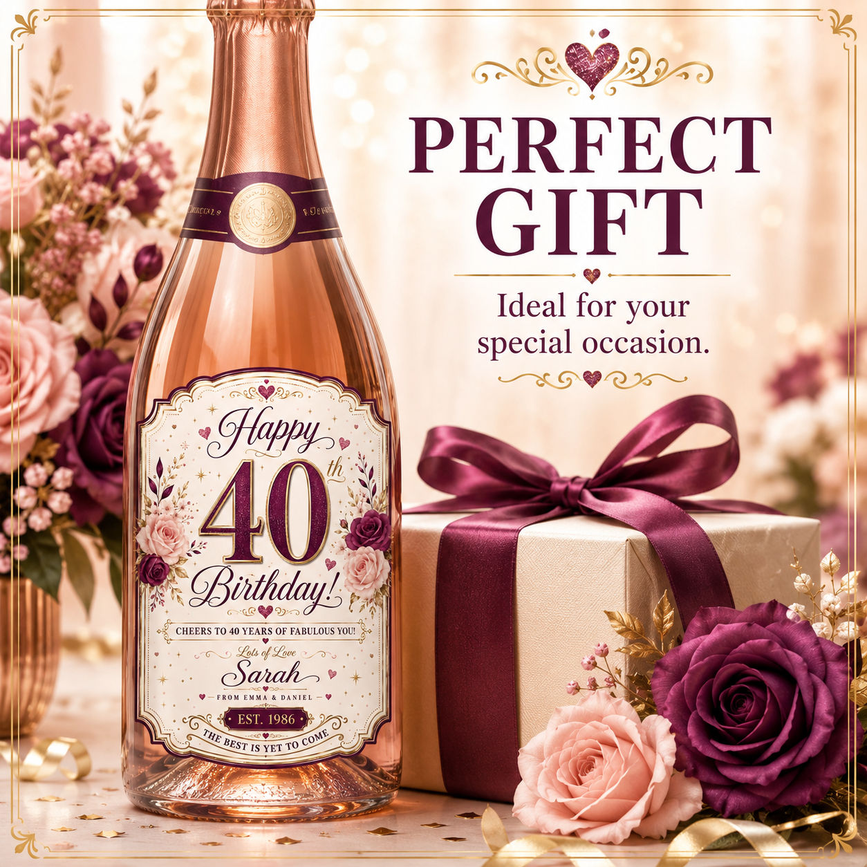 Personalised 40th Birthday Bottle Label Sticker Wine Gift Purple Gold product image view 6