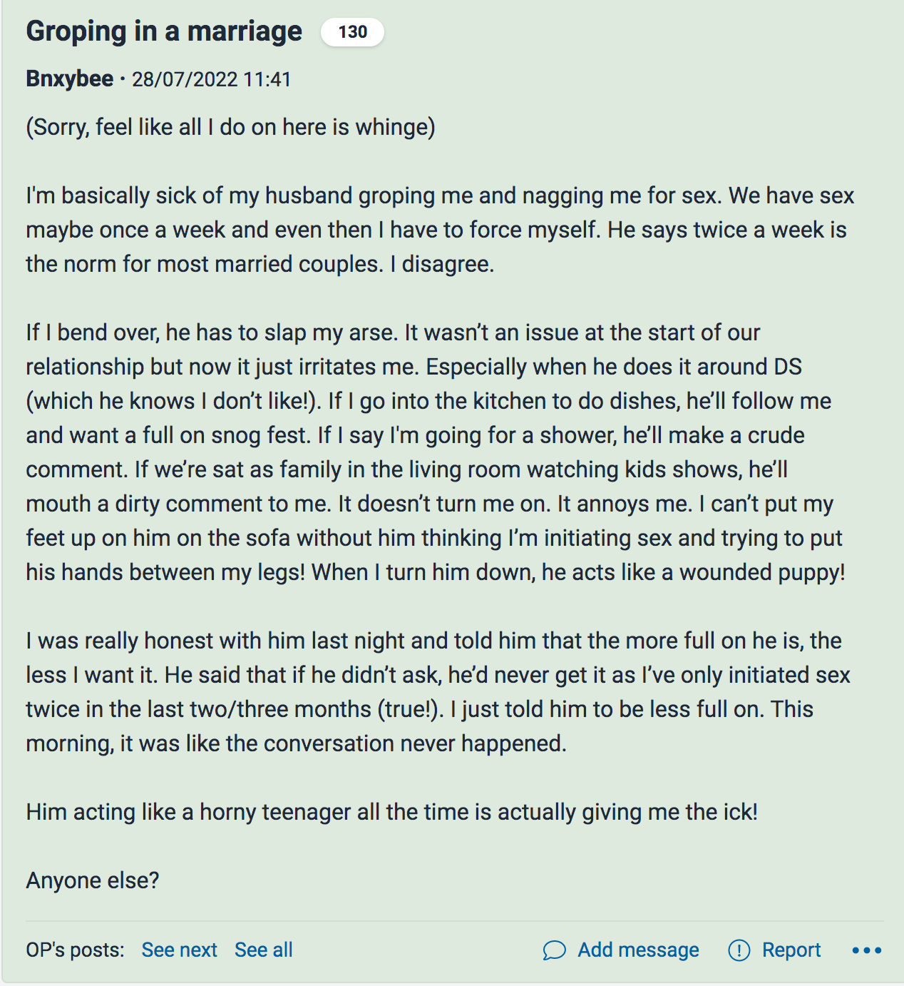 Woman divides opinion after speaking out about her gropey husband picture