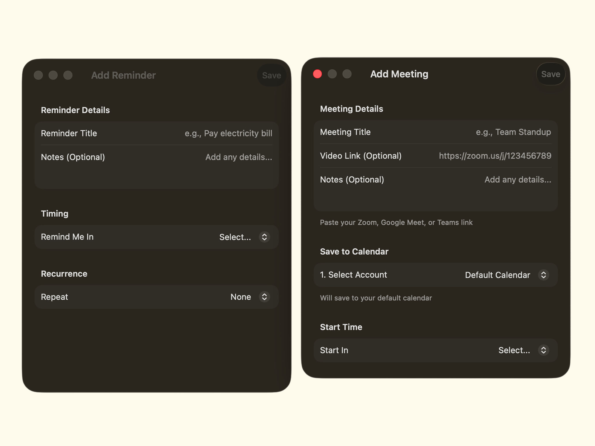 Creating Meetings & Reminders screenshot
