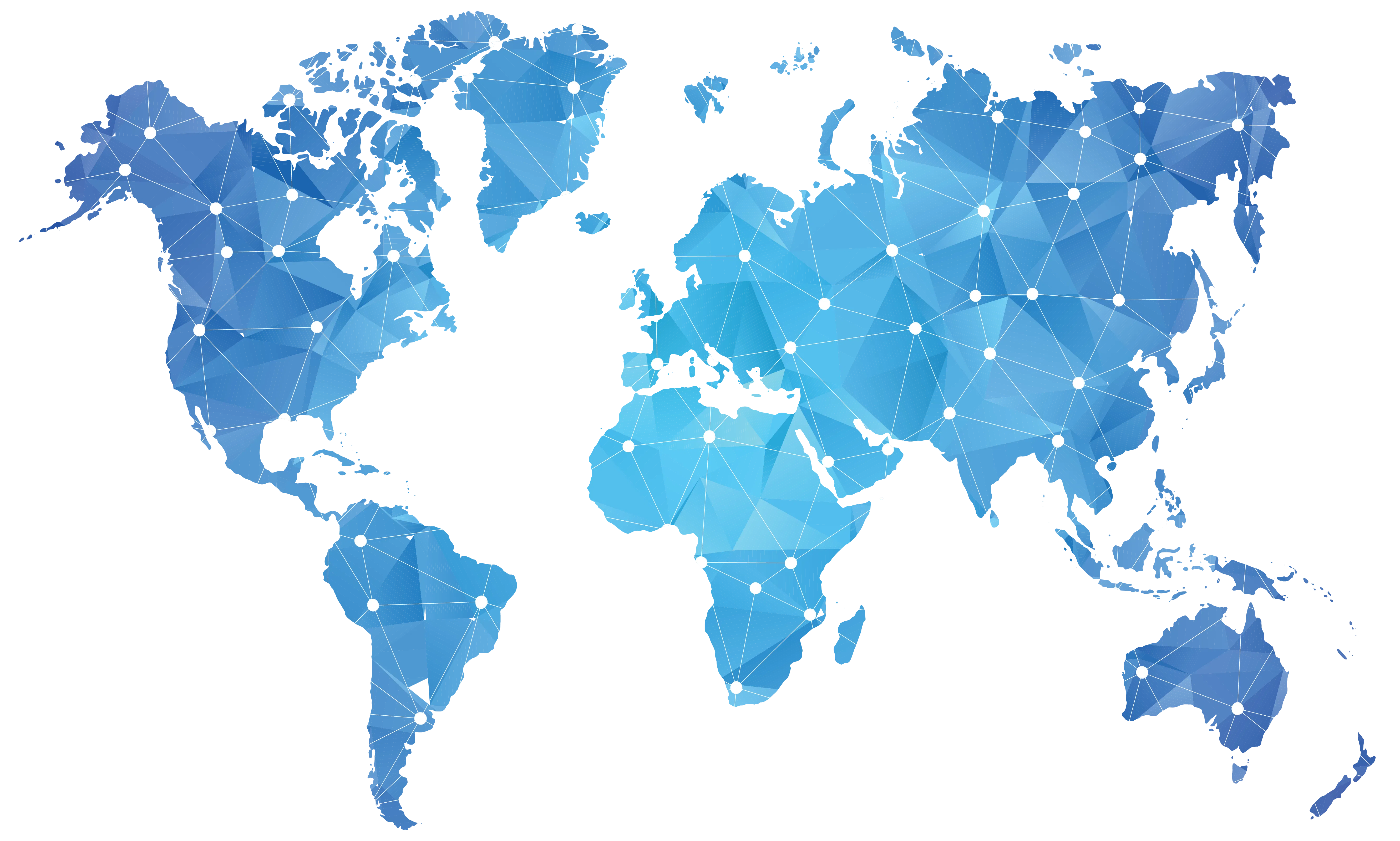 Blue world map with network lines and dots representing global connections