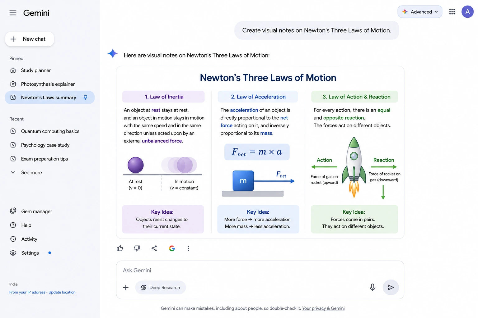 Screenshot of the Gemini study notebook interface generating visual notes