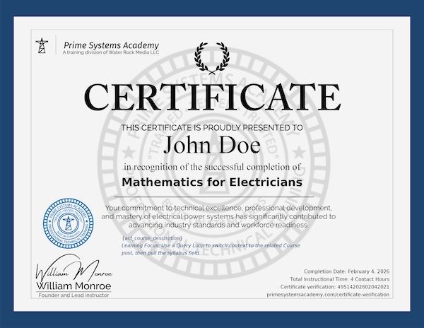 Mathematics for Electricians certificate awarded to John Doe
