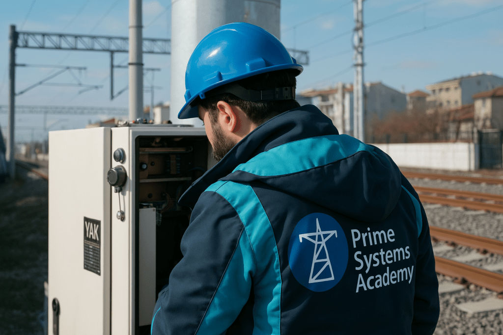 Technician inspecting railway electrical system box outdoors.