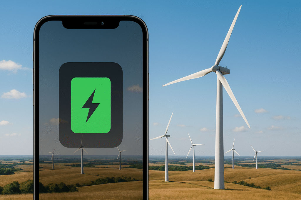 Smartphone and wind turbines in countryside.