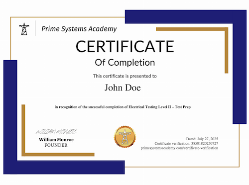 Certificate of completion for Electrical Testing course.