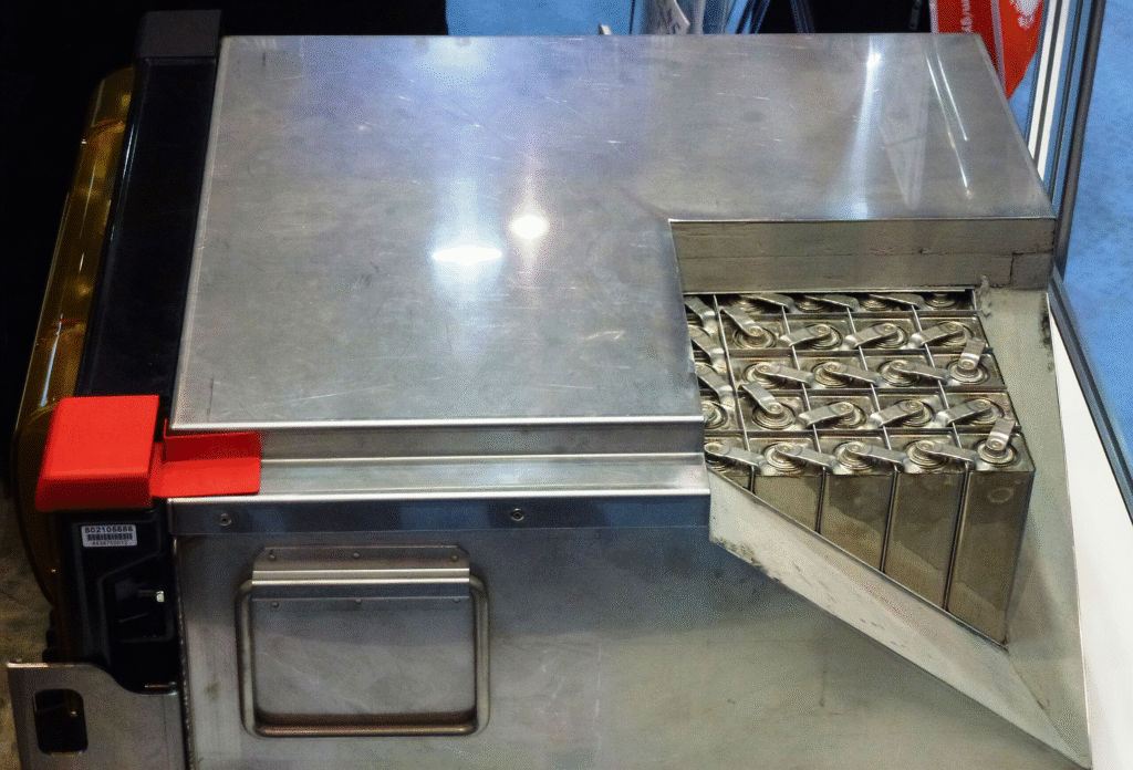 Electric vehicle battery pack close-up view.