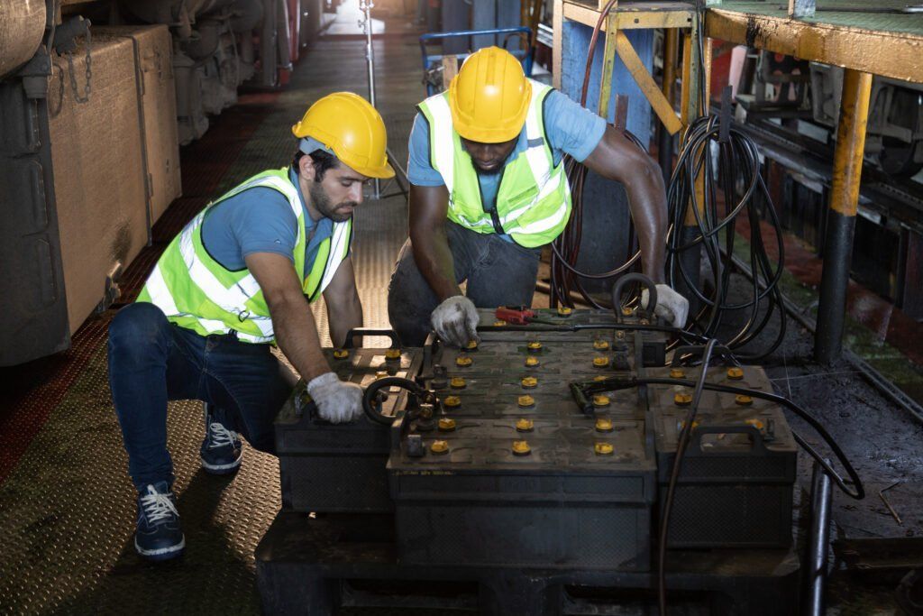 Engineers inspecting industrial equipment in factory setting.