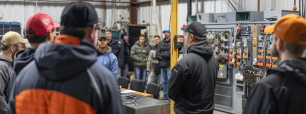 Workers attending technical training in industrial workshop