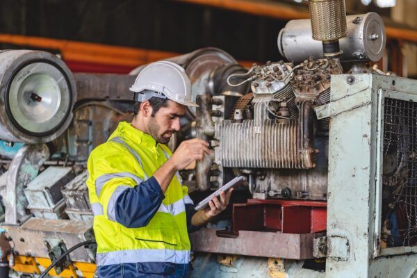 Engineer inspecting industrial machine with tablet