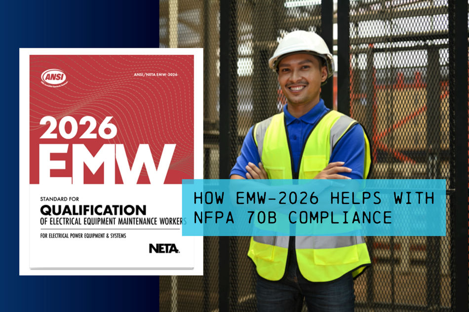 Worker in hard hat beside EMW-2026 standard graphic