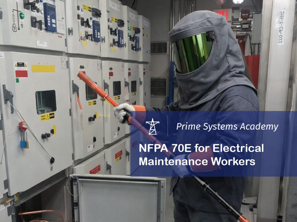 Technician in arc flash suit inspecting electrical panel
