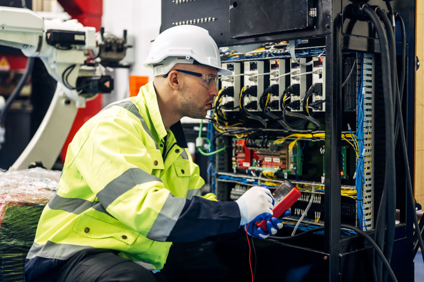 Technician testing industrial control panel with multimeter