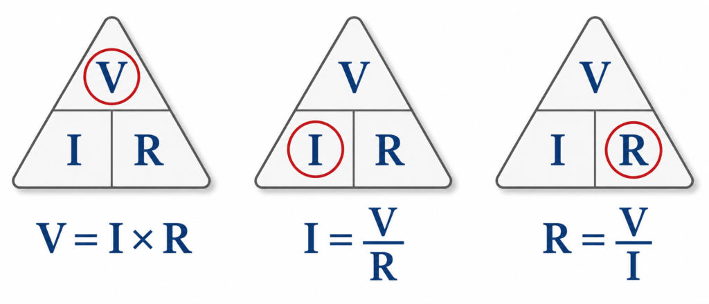Ohm’s law triangle with V, I, R formulas