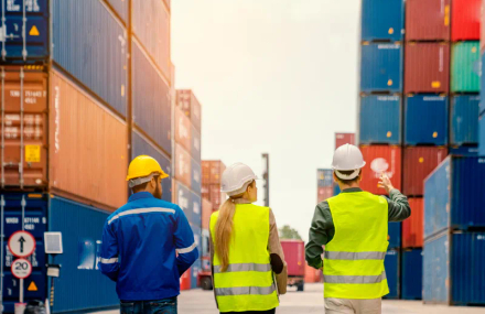 Three workers walking amongst stacked shipping containers.