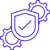 An icon depicting a check mark inside a shield over two cogs